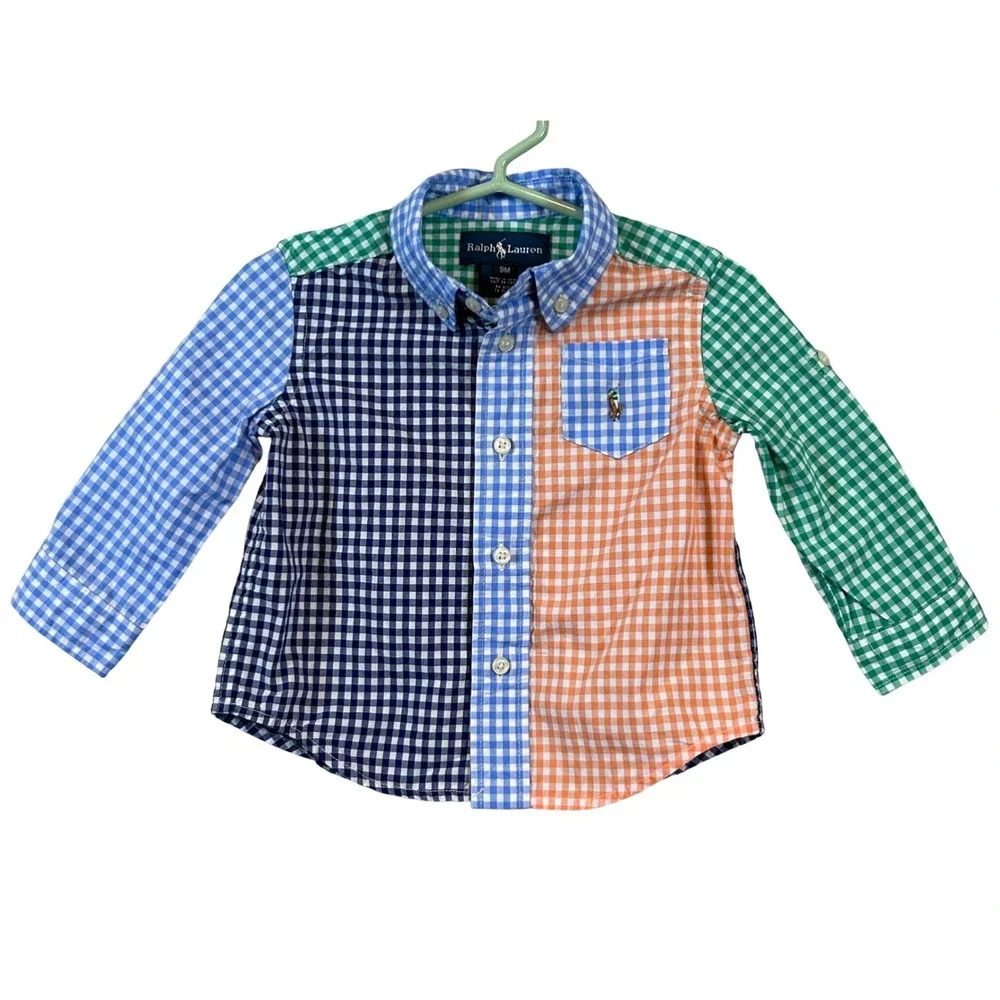 Ralph Lauren Kids Multi Color Gingham Patchwork Button Down Shirt 9M‎ Pony Logo